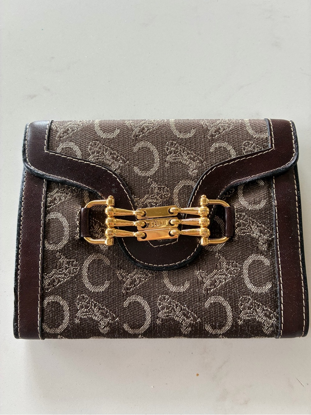 Vintage Celine Paris Brown Monogram Canvas Wallet with Gold Hardware Made Italy